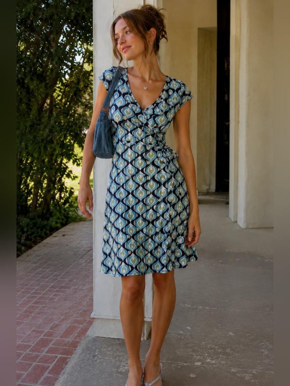 Women's Y2K Blue Geometric Wrap Dress Retro Street Style Chic